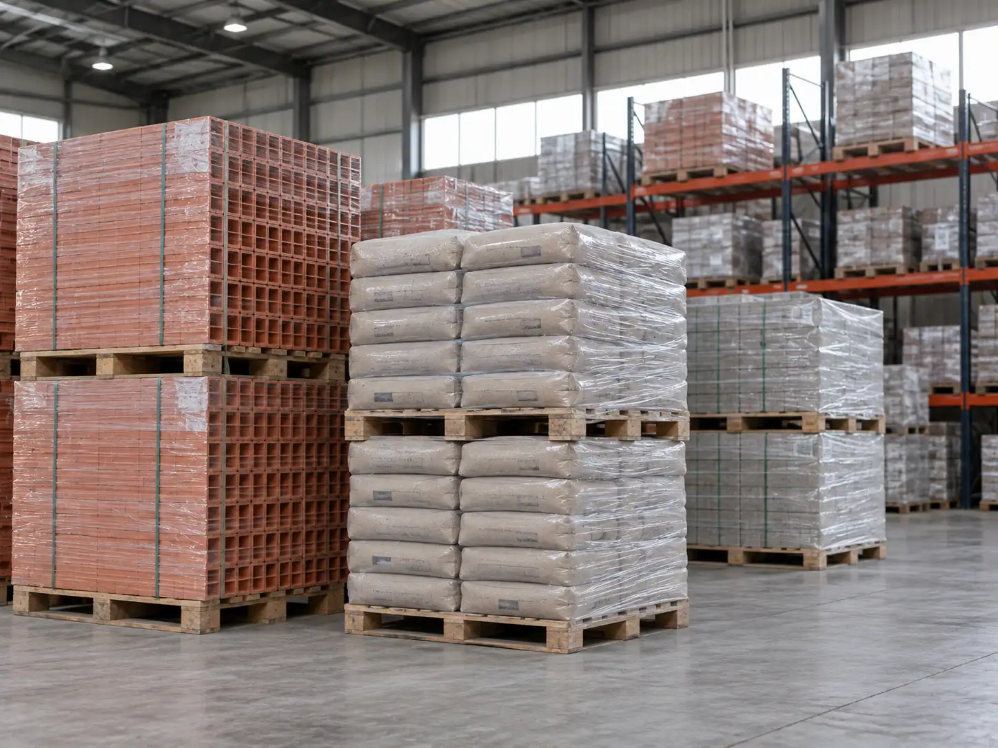 Pallets de ladrillos y bolsas de cemento film-envueltos en un depósito de distribución